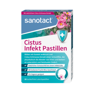 SANOTACT Toidulisand "Cistus Infektblocker"  viiruste ja bakterite vastaseks füüsiliseks kaitseks ning köha leevendamiseks, 30tbl / 60g (PARIM ENNE: 30.06.2026)